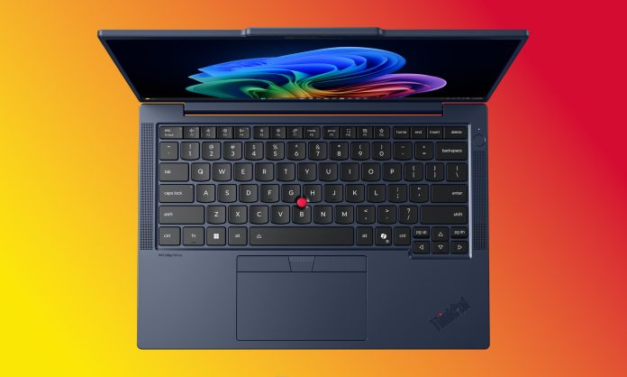 The ThinkPad T14s Gen 7 laptop against a colorful gradient